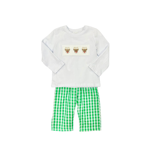 Green Check Embroidered Reindeer Pant Set