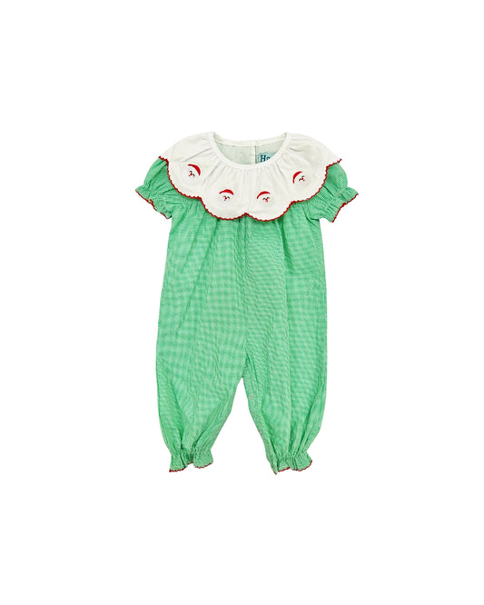 Hazel Blue Dark Green Micro Check Gingham Romper with Embroidered Santa Scalloped Bib Collar and Picot Trim