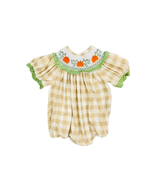 Hand Smocked Pumpkin Gingham Ruffle Bubble