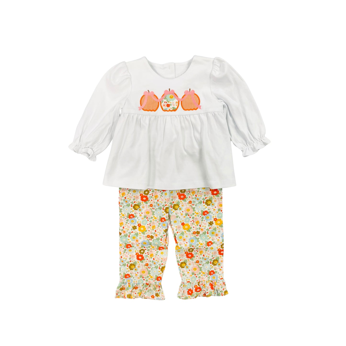 Stitchy Fish Girl Embroidered Pumpkin/Bow Top with Floral Pant Set