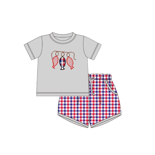 PRE ORDER - Funfetti Kids Red/Blue Check Fish on a Line Short Set