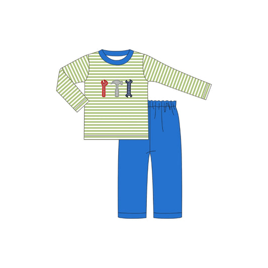PRE ORDER - Funfetti Kids Green Stripe Tool Applique Pant Set