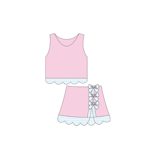 PRE ORDER - Funfetti Kids Pink/Blue Gingham Bow Active Skirt Set