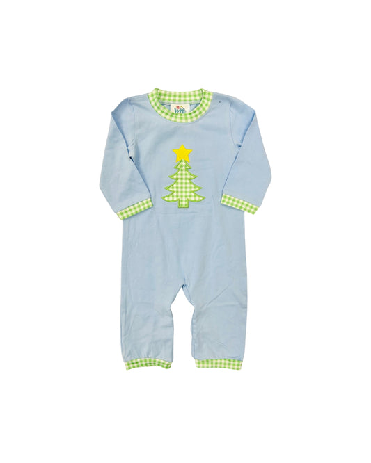 Funfetti Kids Blue/Green Gingham Christmas Tree Applique Romper