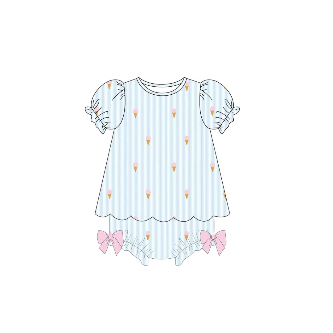 PRE ORDER - Funfetti Kids Blue Seersucker Embroidered Ice Cream Bloomer Set
