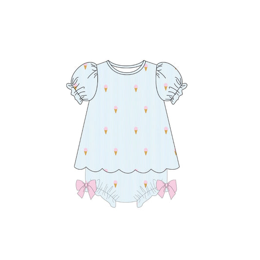PRE ORDER - Funfetti Kids Blue Seersucker Embroidered Ice Cream Bloomer Set