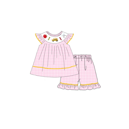 PRE ORDER - POSH Embroidered School Bus Ruffle Short Set