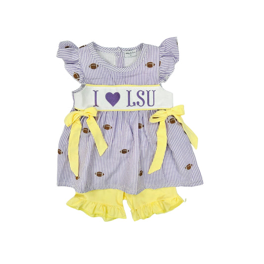 Purple Seersucker/Football Short Set with Bows