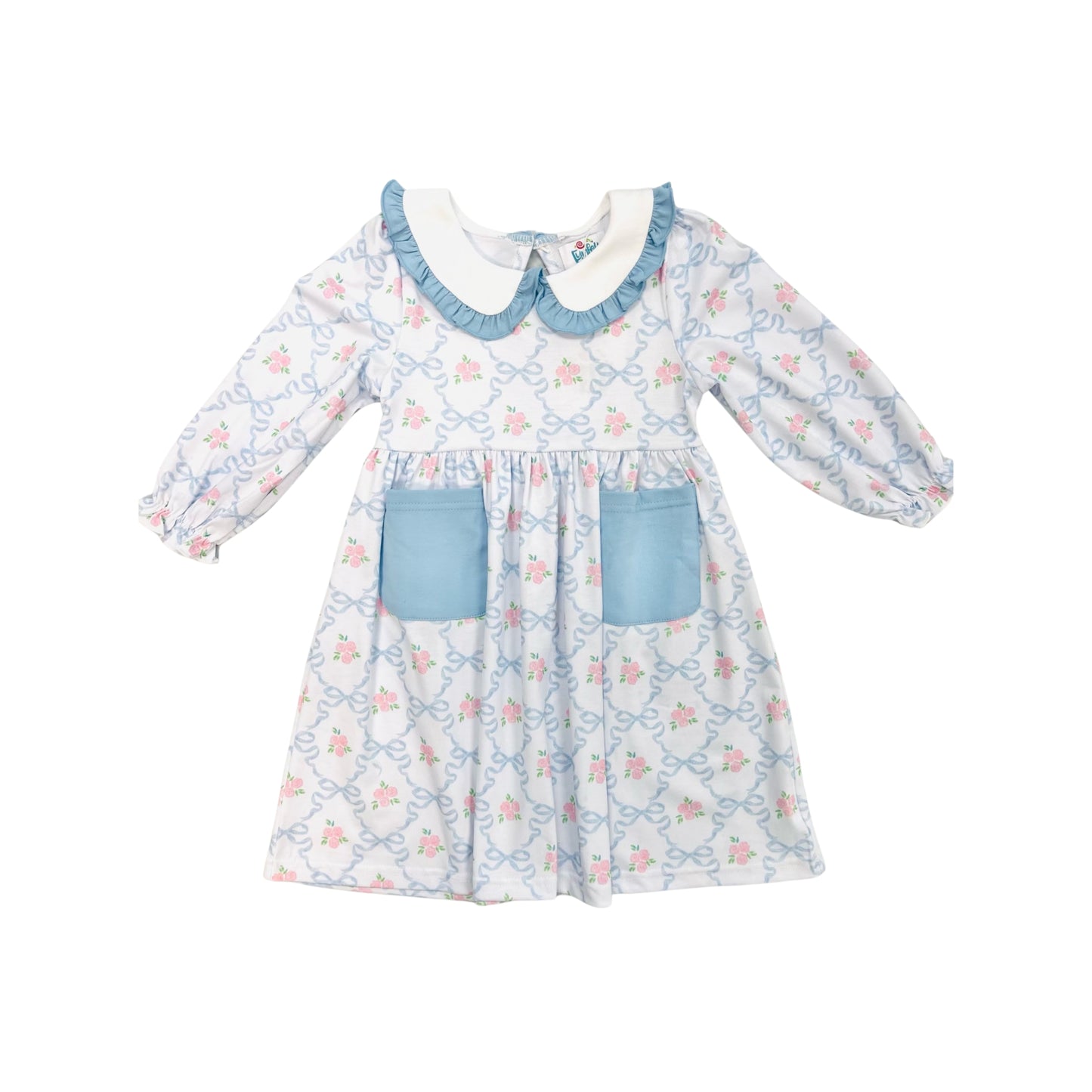 Funfetti Kids Girl Blue Bow Print Dress with Pockets