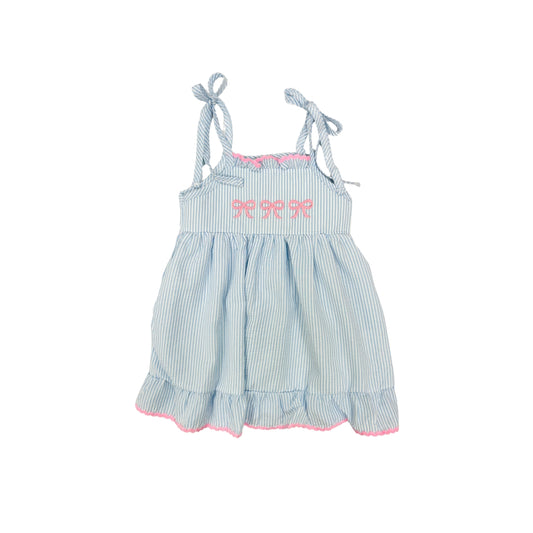 Blue Seersucker/Embroidered Bow Dress