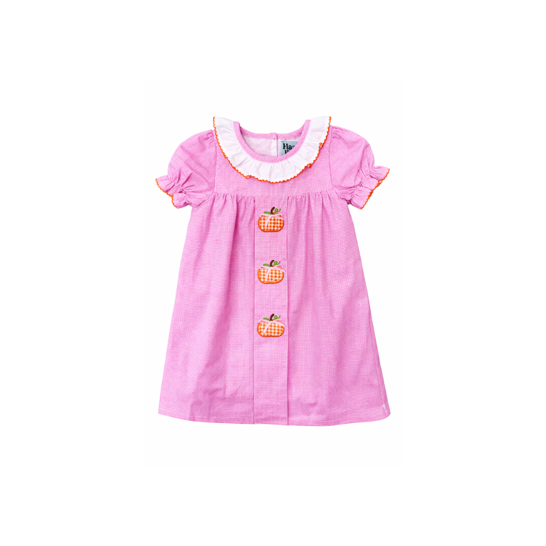 PRE ORDER - Hazel Blue Pink Micro Check Gingham Dress with Pumpkin Applique and Bows