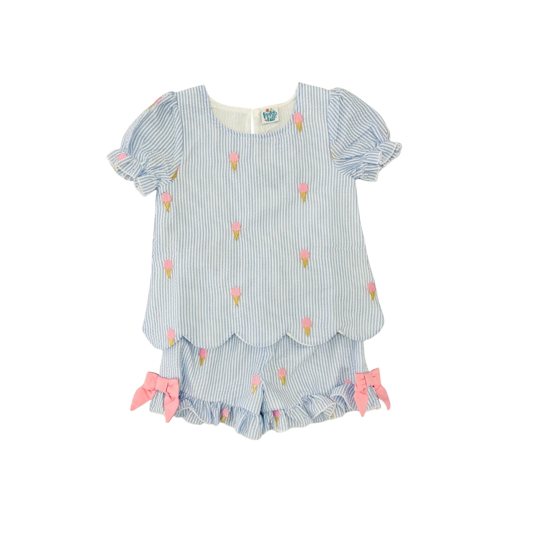 Funfetti Kids Blue Seersucker Embroidered Ice Cream Short Set