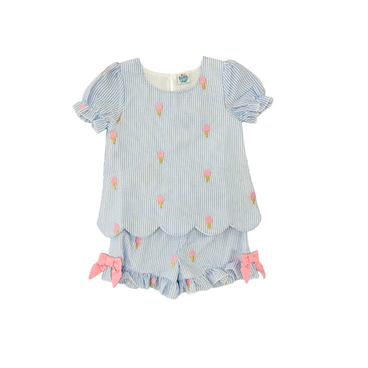Funfetti Kids Blue Seersucker Embroidered Ice Cream Short Set