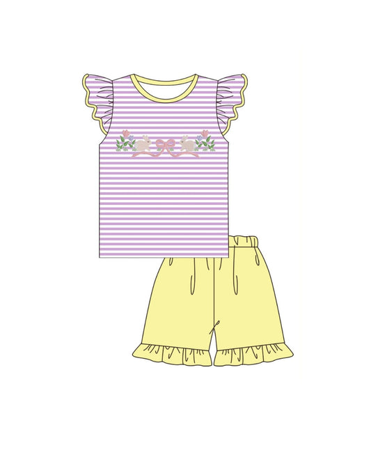 PRE ORDER - Hazel Blue Purple Stripe Embroidered Bunny Short Set