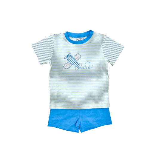 Three Sisters Green/Blue Airplane Short Set