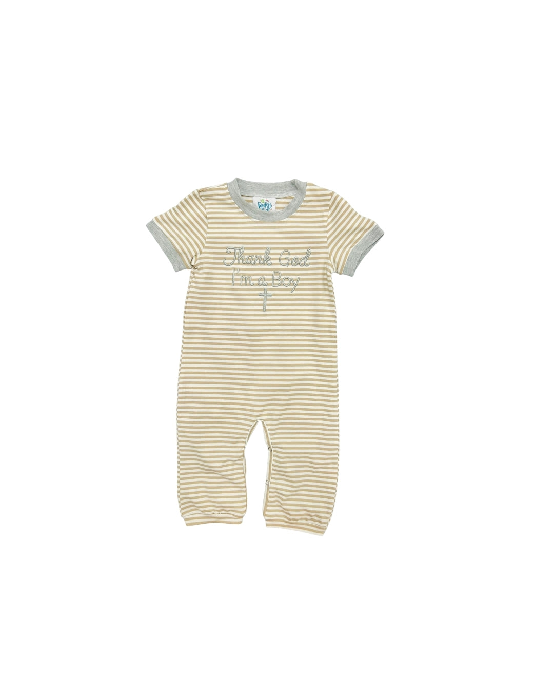 Funfetti Kids Thank God Im a Boy Embroidered Striped Romper