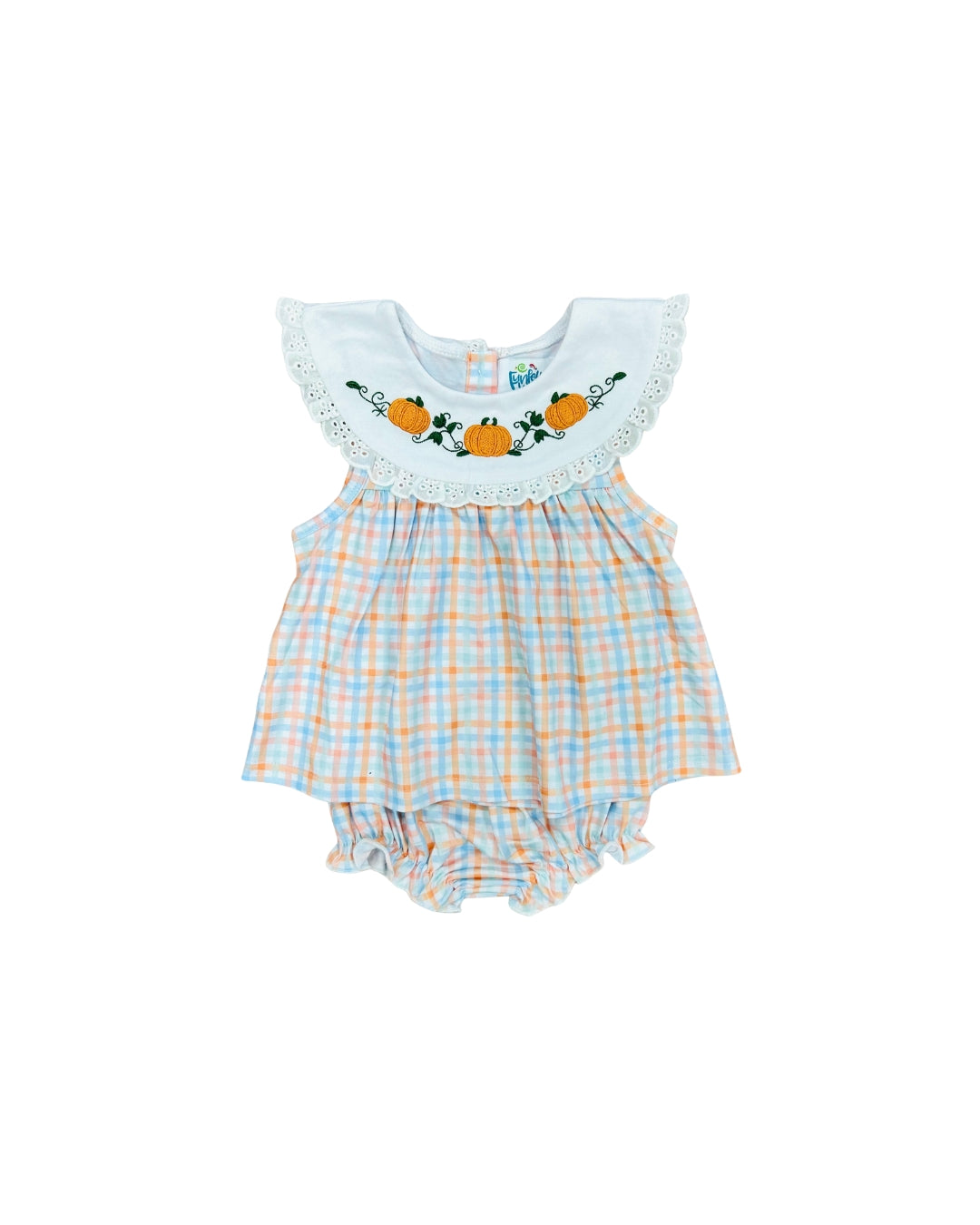Funfetti Kids Embroidered Pumpkin/Plaid Bloomer Set with Eyelet Lace Trim