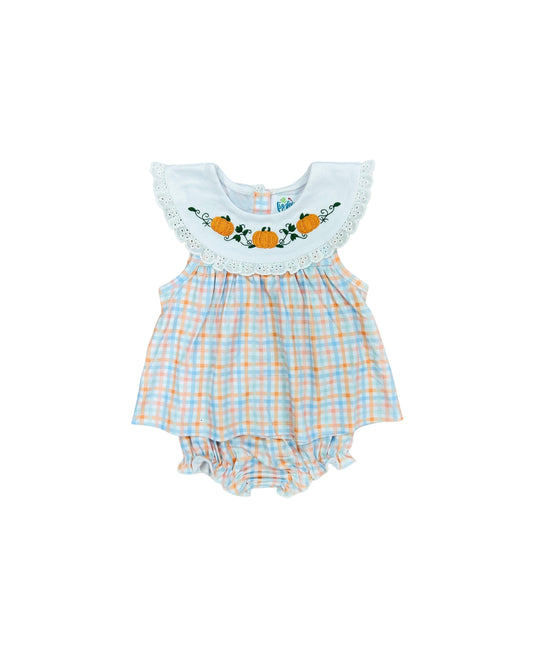 Funfetti Kids Embroidered Pumpkin/Plaid Bloomer Set with Eyelet Lace Trim