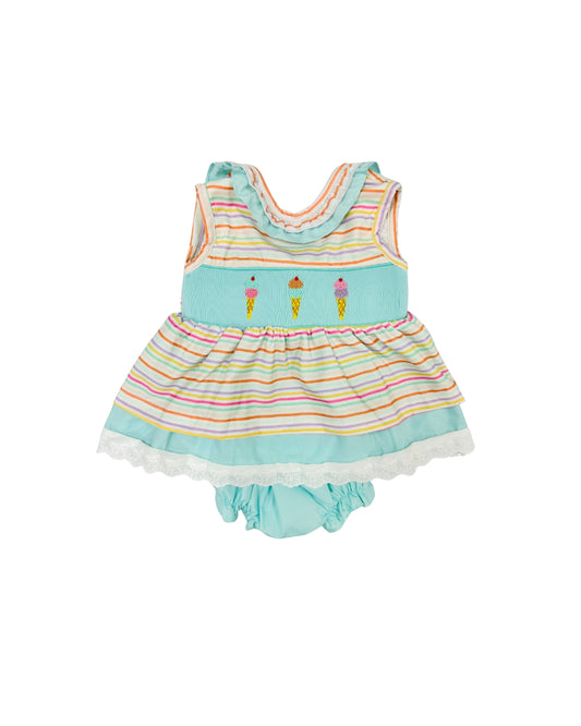 Hand Smocked Ice Cream/Stripe Ruffle Bloomer Set