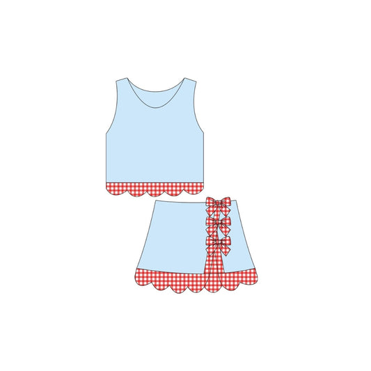 PRE ORDER - Funfetti Kids Light Blue/Red Gingham Bow Active Skirt Set