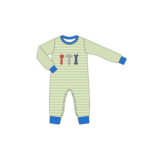 PRE ORDER - Funfetti Kids Green Stripe Tool Applique Romper