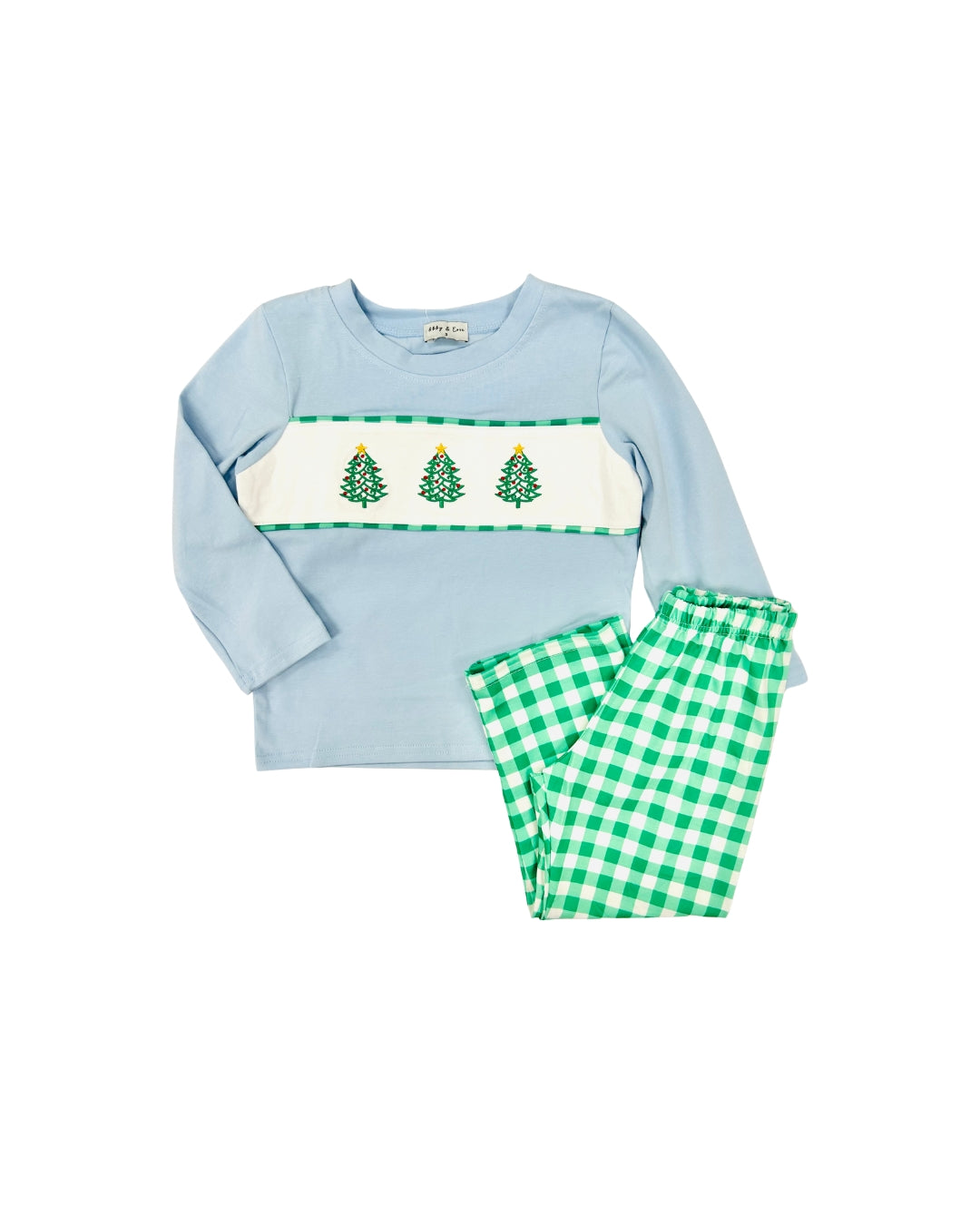 Blue/Green Gingham Christmas Tree Pant Set
