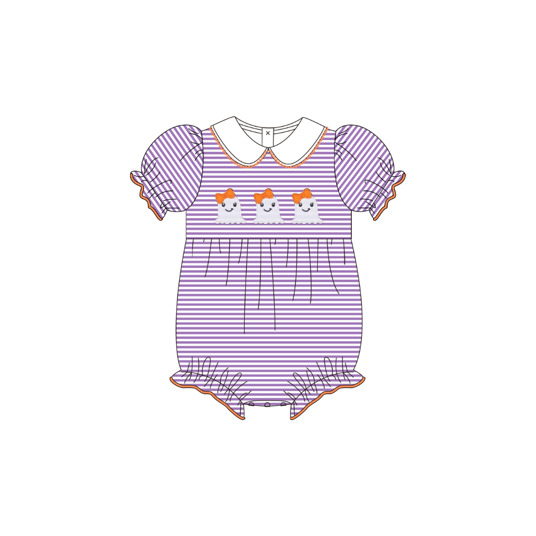 PRE ORDER - Hazel Blue Purple Stripe Bubble with Girly Ghost Applique and Picot Trim