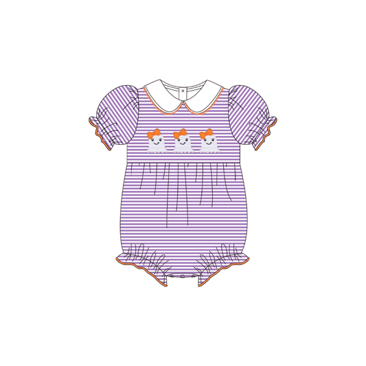 PRE ORDER - Hazel Blue Purple Stripe Bubble with Girly Ghost Applique and Picot Trim
