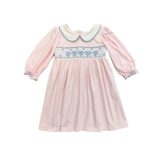 Elizabeth Ann Girl Pink Stripe Hand Smocked Bow Long Sleeve Dress