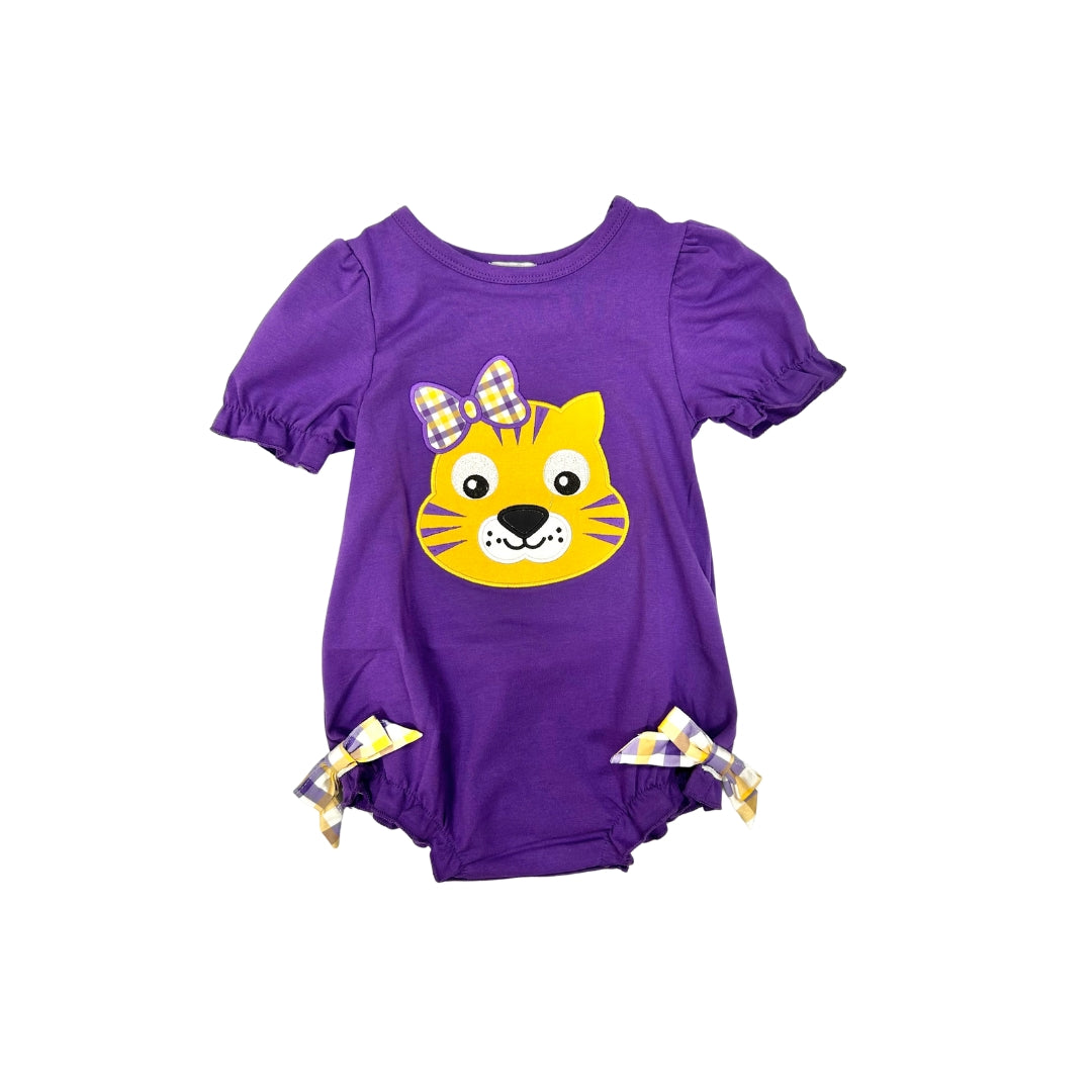 Tiger Applique with Plaid Bow Bubble
