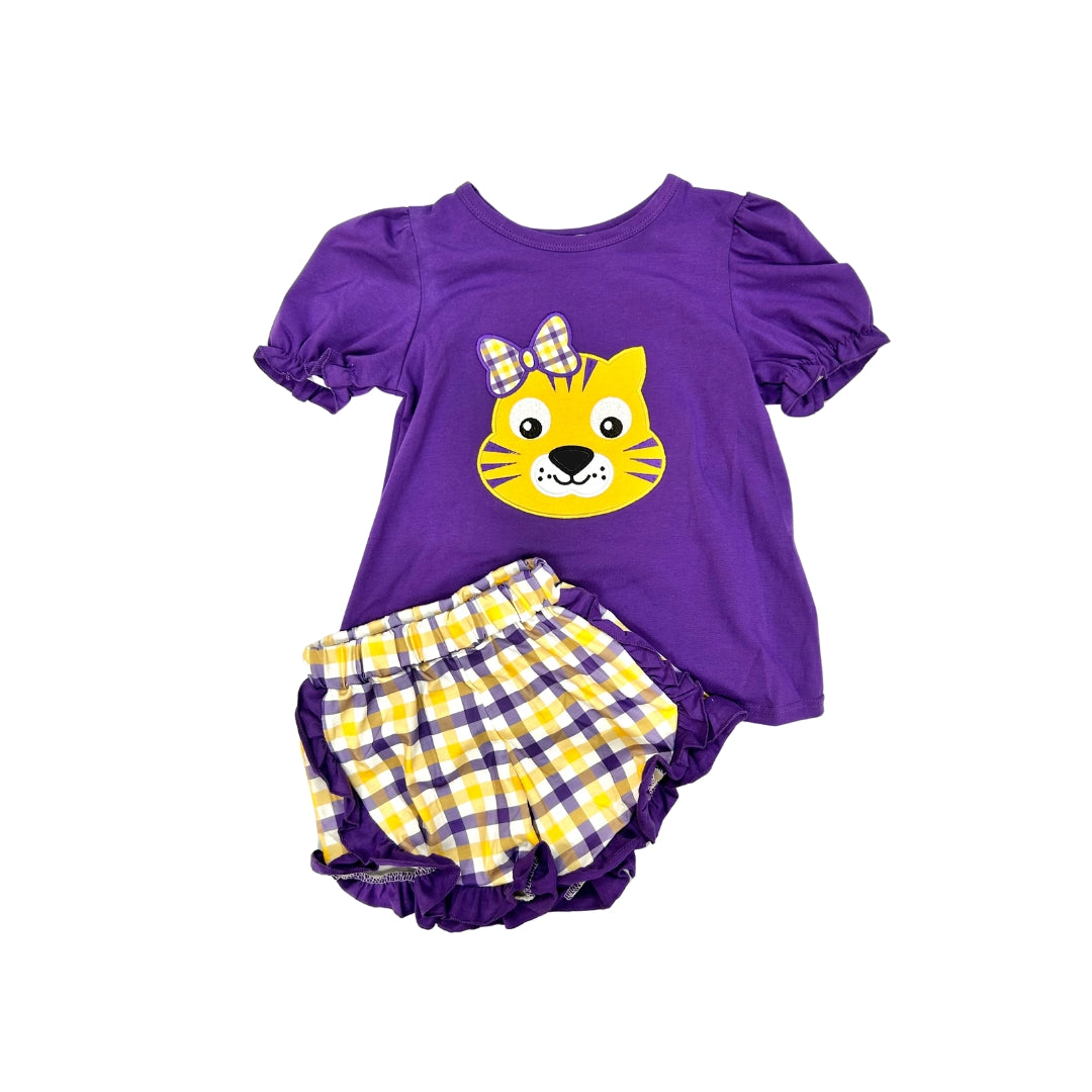 Tiger Applique with Plaid Bow Short Set