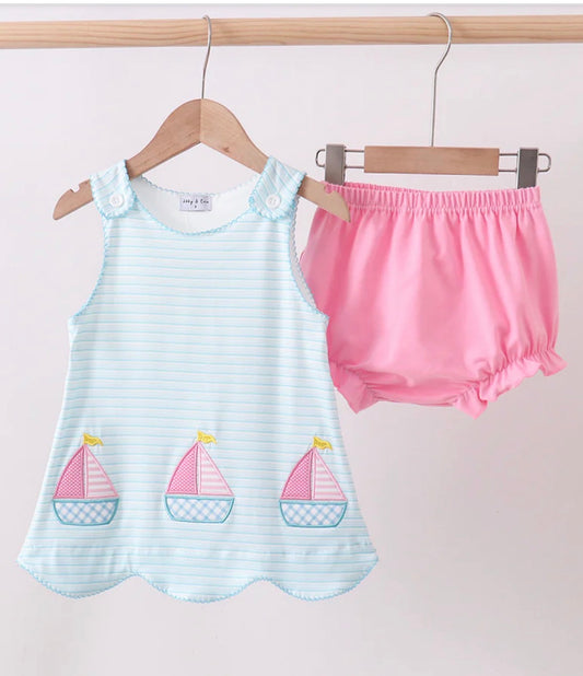 Blue/Pink Stripe Sailboat Applique Bloomer Set