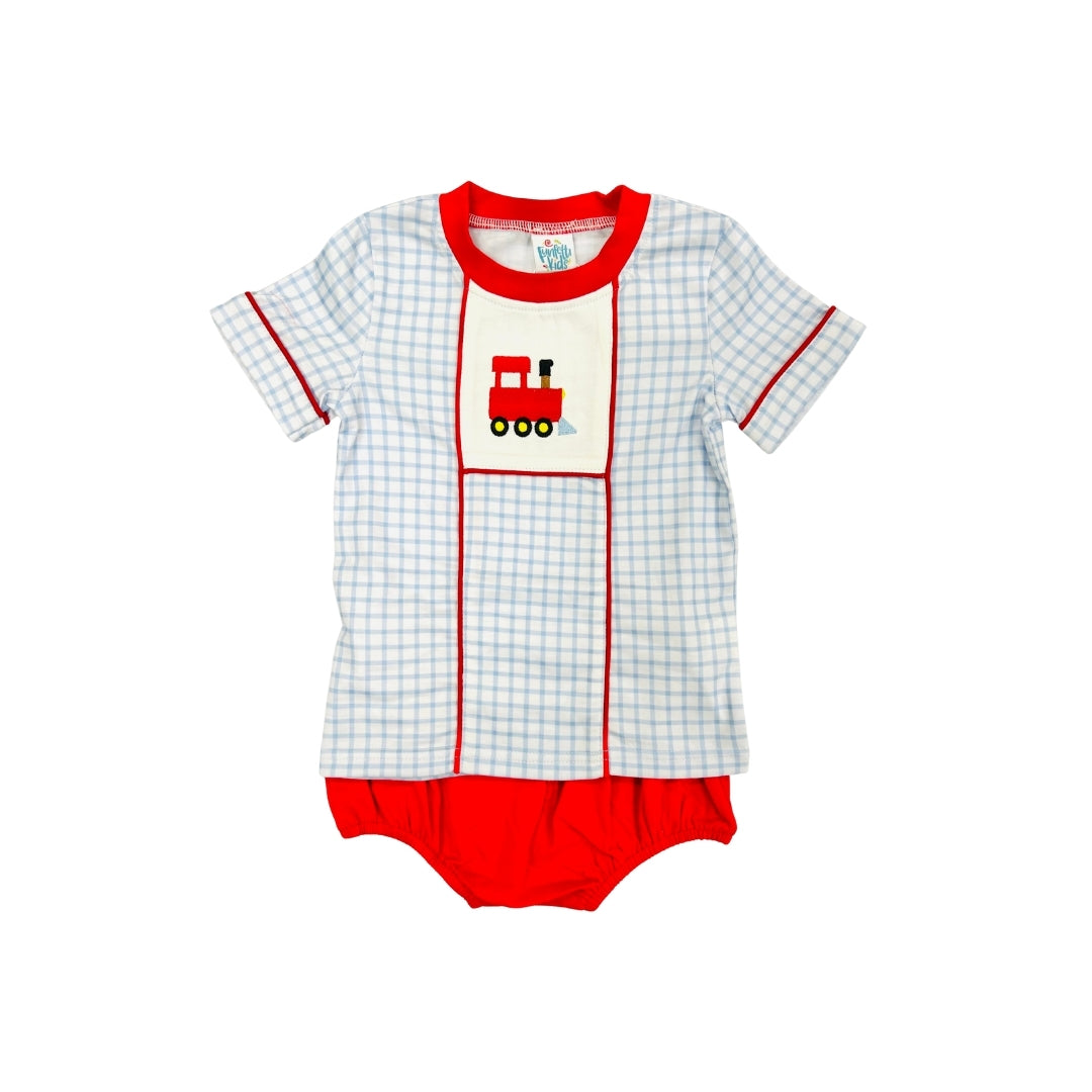 Funfetti Kids Embroidered Train/Gingham Diaper Set
