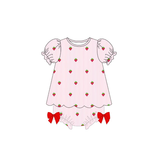 PRE ORDER - Funfetti Kids Pink Seersucker Embroidered Strawberry Bloomer Set