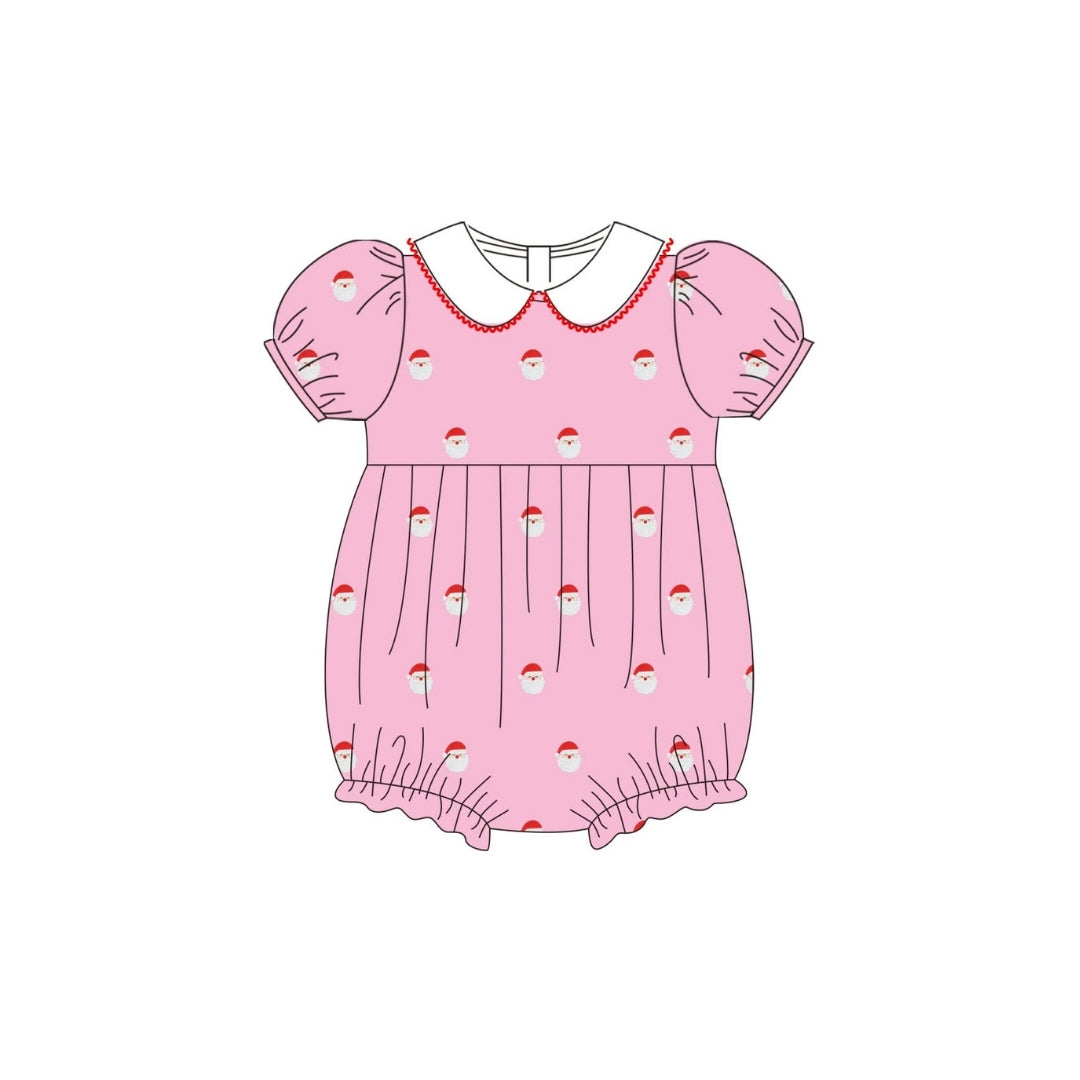 PRE ORDER - Hazel Blue All Over Embroidered Santa Corduroy Bubble with Picot Trim Peter Pan Collar
