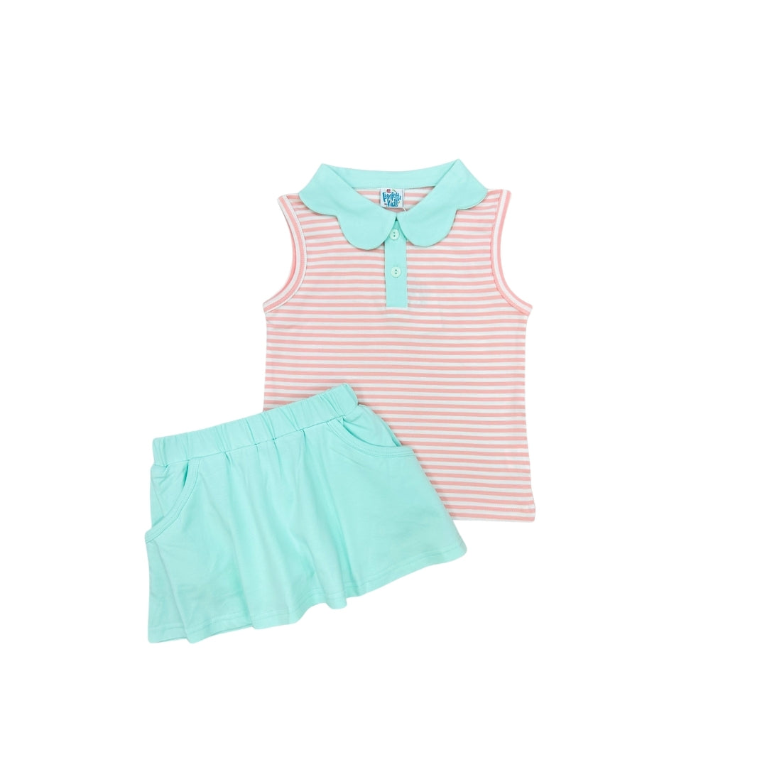 Funfetti Kids Coral/Mint Scallop Collar Two Tone Stripe Skort Set