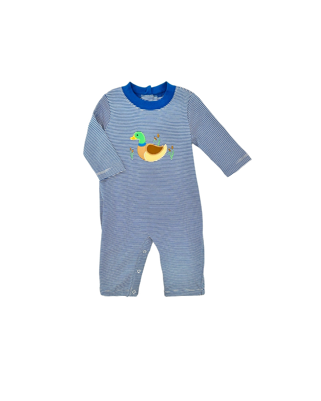 Claire & Charlie Blue Stripe Mallard Applique Romper