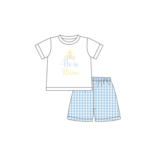 PRE ORDER - Funfetti Kids Blue Gingham He is Risen Short Set