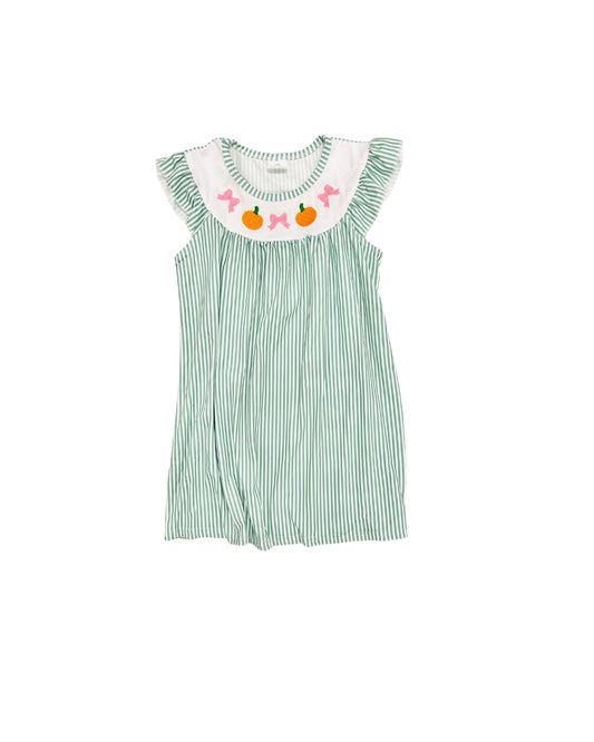 Green Stripe Pumpkin/Bow Dress - 6/7