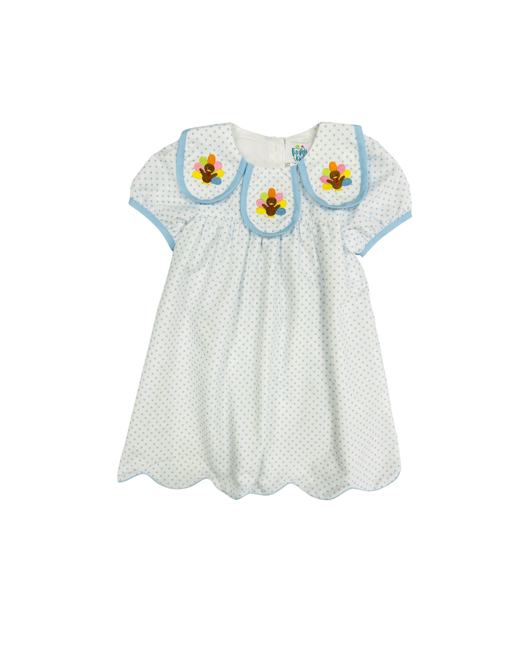 Funfetti Kids Blue Polka Dot Dress with Turkey Embroidered Petal Collar