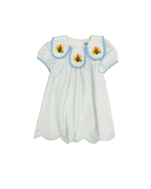 Funfetti Kids Blue Polka Dot Dress with Turkey Embroidered Petal Collar