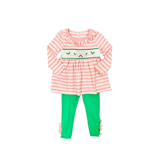 Pink Stripe Embroidered Bow/Mistletoe Legging Set