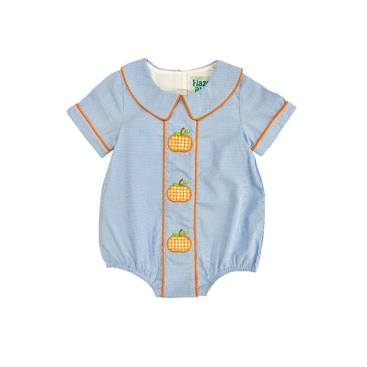 Hazel Blue Blue Micro Check Gingham Bubble with Pumpkin Applique