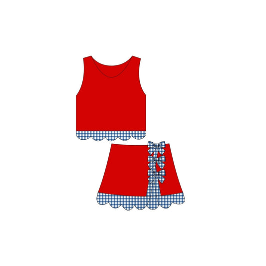 PRE ORDER - Funfetti Kids Red/Blue Gingham Bow Active Skirt Set