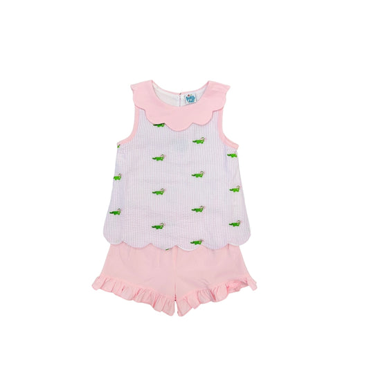 Funfetti Kids Pink Seersucker/Alligator Ruffle Short Set