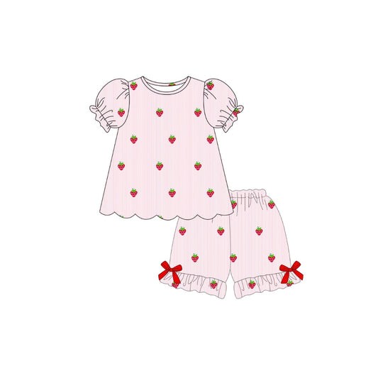 PRE ORDER - Funfetti Kids Pink Seersucker Embroidered Strawberry Short Set