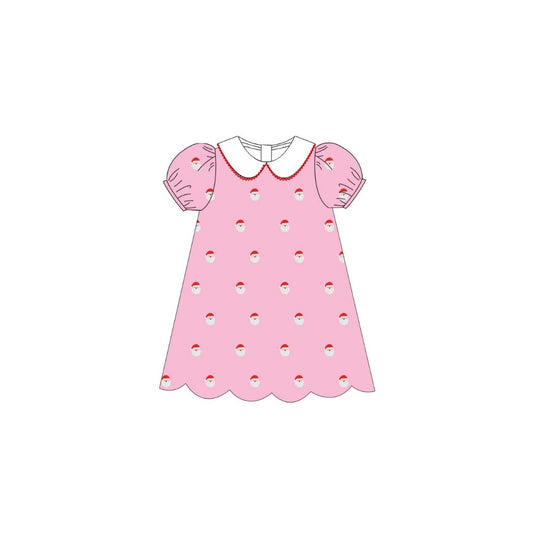 PRE ORDER - Hazel Blue All Over Embroidered Santa Corduroy Dress with Picot Trim Peter Pan Collar & Scallop Hem