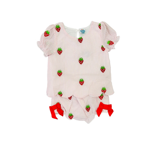 Funfetti Kids Pink Seersucker Embroidered Strawberry Bloomer Set