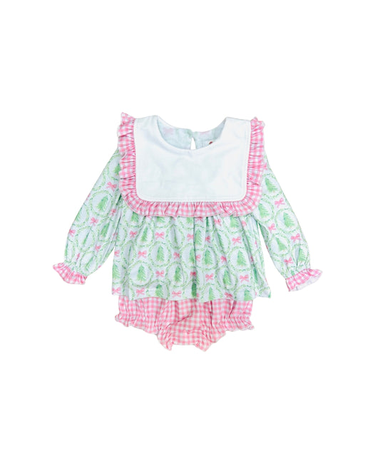 Funfetti Kids Christmas Tree/Bow Gingham Bloomer Set
