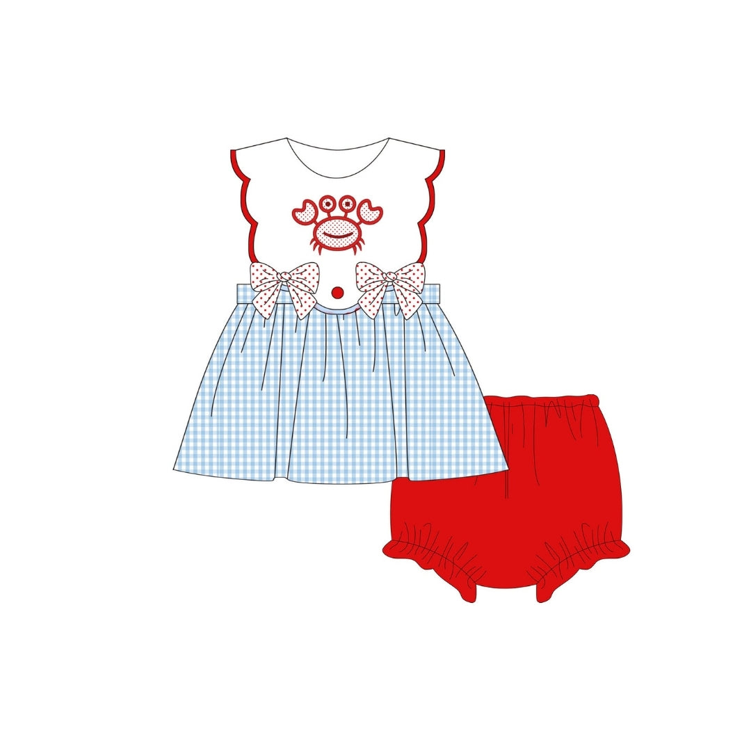PRE ORDER - Funfetti Kids Blue Gingham/Polka Dot Crab Bloomer Set with Bows